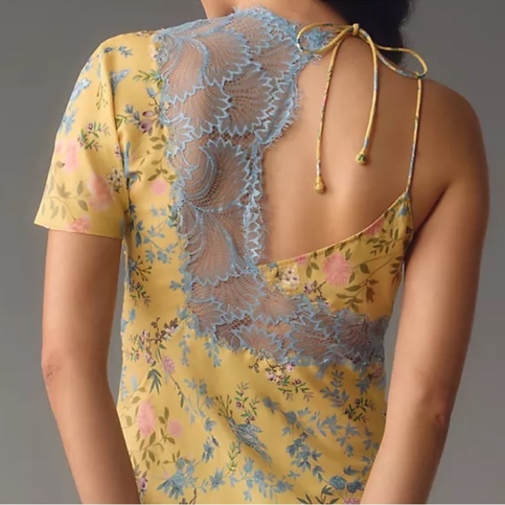 ANTHROPOLOGIE Geisha Designs Asymmetrical Lace Slip Maxi Dress Yellow Floral NWT - Picture 3 of 9